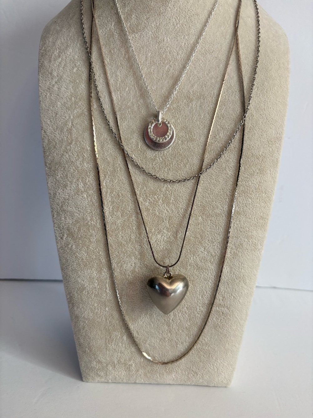 Silver Layered Necklace Set Heart Pendant Signed NWT Korea Set of 3
